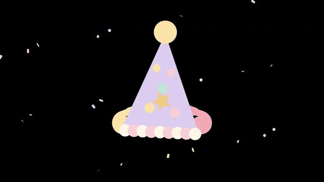 Soft pastel party cone hat flanked by unrolling noisemaker blowers and floating confetti against a minimal background