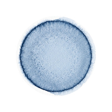 Blue watercolor circle illustration isolated on a white background cutout. Navy indigo wash textured round frame with dark outer borders. Artistic hand painted blob for logo design or web header.