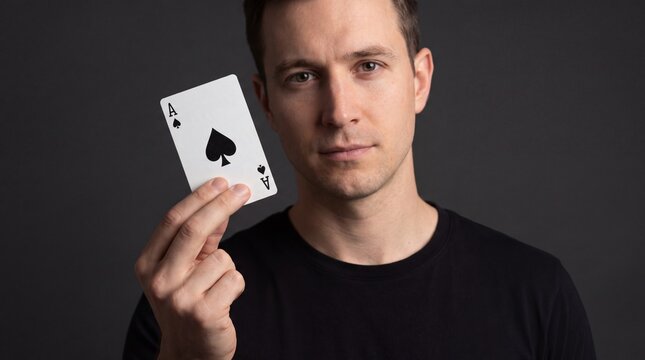 Man holding ace of spades playing card against a dark grey studio background