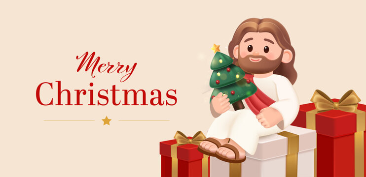 Cute Jesus Christ Holding a Decorated Christmas Tree with Red Gift Boxes on Cream Background Editable Vector Illustration. Holiday Banner