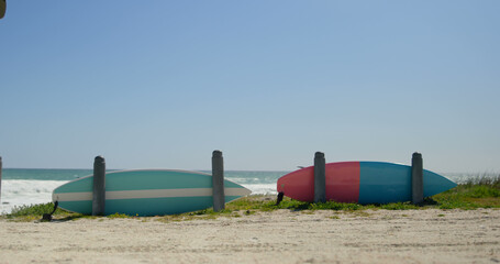 Surfboards dot the beach as surfers take a break amidst the ocean backdrop. © WavebreakMediaMicro
