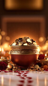 Dhanteras Festival Background with Gold Coin Pot (Money) and Flower at Festival Night Photo.