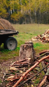 A haystack in a rural village surrounded by autumn forest. Firewood and an old horse trailer stand in a meadow, capturing the peaceful atmosphere of a remote farm far from civilization.