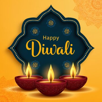 Happy Diwali Greeting Card Design with Lit Diya (Oil Lamp) on Mandala Teal and Yellow Background.