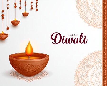 Happy Diwali Greeting Card Design with Lit Diya (Oil Lamp) on Mandala White Background.