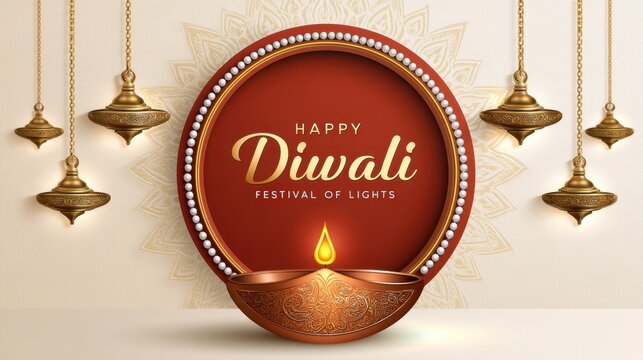 Happy Diwali Greeting Card Design with Lit Diya (Oil Lamp) on Mandala Red and Golden Background.