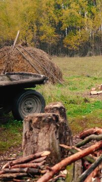 A haystack in a rural village surrounded by autumn forest. Firewood and an old horse trailer stand in a meadow, capturing the peaceful atmosphere of a remote farm far from civilization.