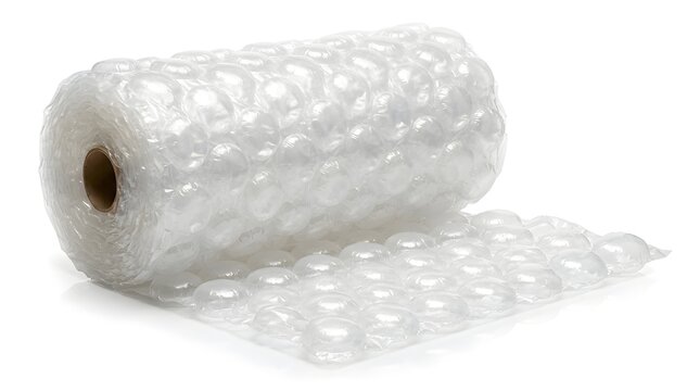 Plastic Bubble Wrap Roll Unfurled on White Background for Packaging and Shipping Protection