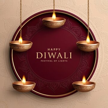 Happy Diwali Greeting Card Design with Hanging Lit Diya (Oil Lamp) on Golden and Red Background.