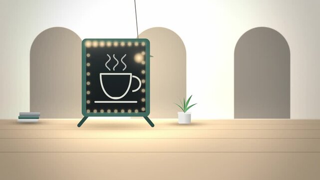 Cream cafe chalkboard sign with coffee cup icon cozy scene full scene