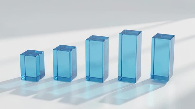 Blue translucent cubes changing height in row on white surface with long shadows. Abstract geometric animation about growth, comparison and business strategy