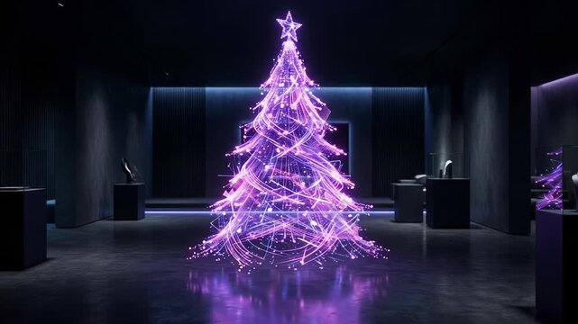 Glowing holographic neon purple Christmas tree with star topper in dark modern gallery, sparkling holiday lights and reflective floor. Futuristic festive winter decor concept