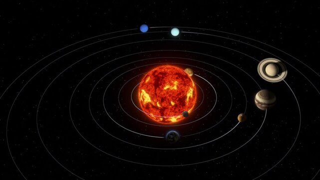 Planets line up in a row beside the sun as the camera tilts down from a top view of the solar system