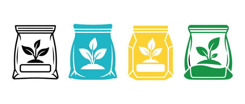 Fertilizer bag icon set vector design illustration isolated on white background. Plant food sacks and organic compost packages symbol collection for agriculture and gardening