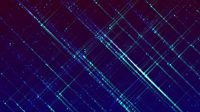3d render VJ Loop particles Dynamic neon grid with shimmering dots and star effects. Violet and indigo gradient backdrop featuring intersecting illuminated lines with sparkling nodes and cosmic