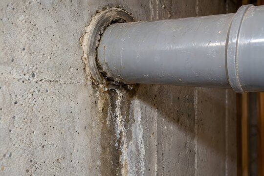 Water infiltration around poorly sealed pipe penetration through concrete foundation wall
