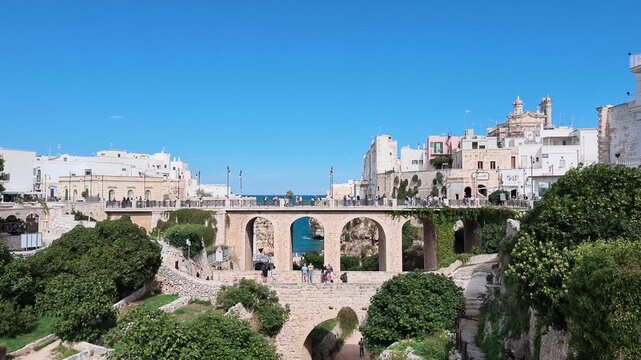 Elevated view of the arched bridge over Lama Monachile, Polignano a Mare, Italy