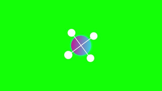 A colorful abstract molecular structure with four white spheres on a green background.