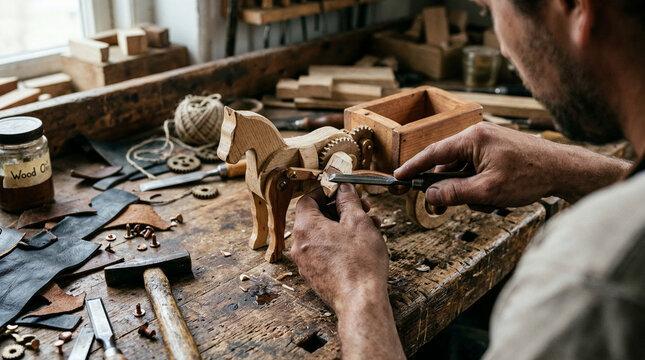 A candid over-the-shoulder photograph of handsusing a sharp chisel to carve a vintage wooden mechanical toy on amessy worn-out rustic wooden workbench. Even natural overcast daylight from a side...