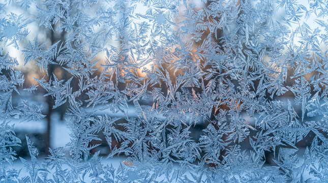 Frost ice crystal patterns on window glass in cold winter morning