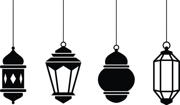 Set of four black hanging lanterns for ramadan celebration Vector