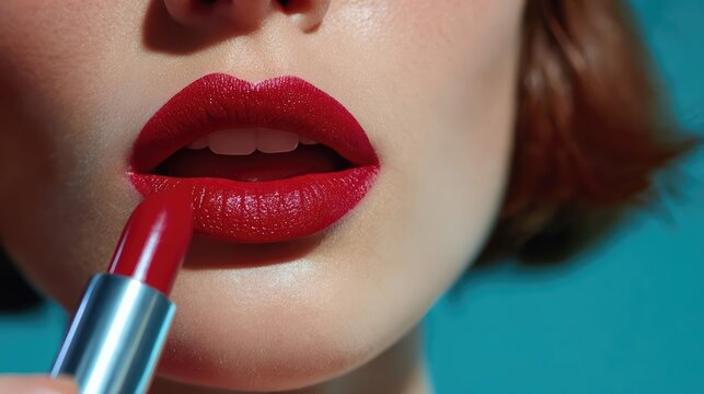 Photorealistic closeup of a woman applying vibrant red lipstick to her lips. Soft lighting highlights makeup texture and elegance against a clean cosmetic background.