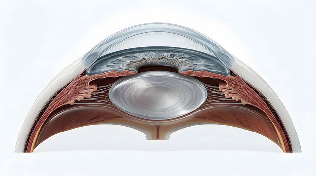 Anatomical cross section of the human eye showing the cornea iris and lens on a white background
