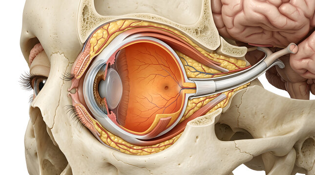 Anatomical cross section of human eye and skull showing optic nerve and brain connection