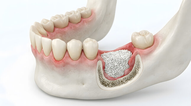 Dental bone graft procedure model showing jawbone augmentation in a clinical isolated white background