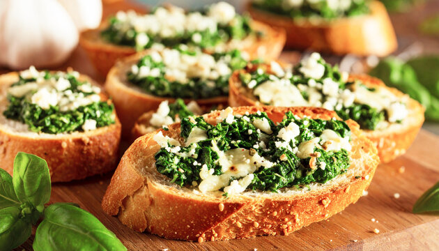 Cheesy spinach garlic bread, wooden cutting board. AI