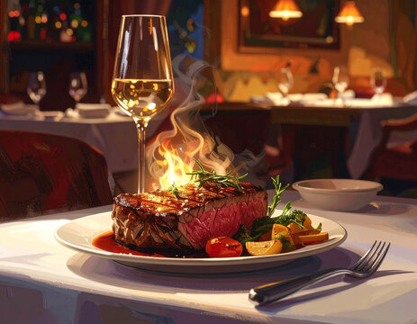 Restaurant steak dinner, illustration. AI