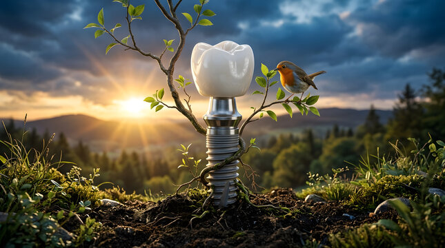 Dental implant growing like a tree in soil with a robin bird at sunset for oral health concept