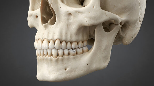 Human skull model showing teeth and jaw structure against a dark grey background with copy space