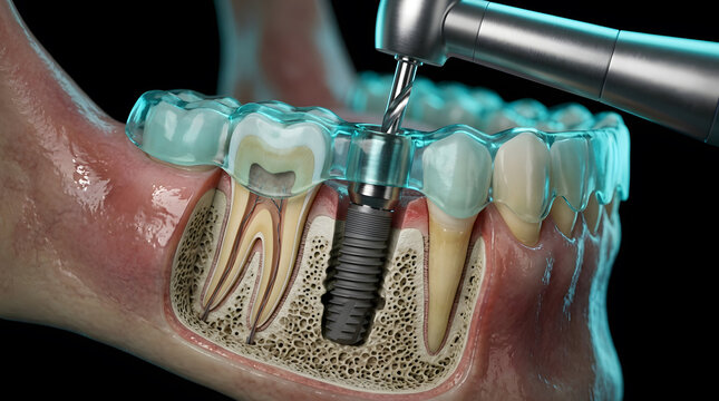 Dental implant procedure showing titanium screw insertion in gum cross-section