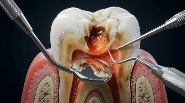 Dental professional examining decayed tooth with mirror and tools in clinic