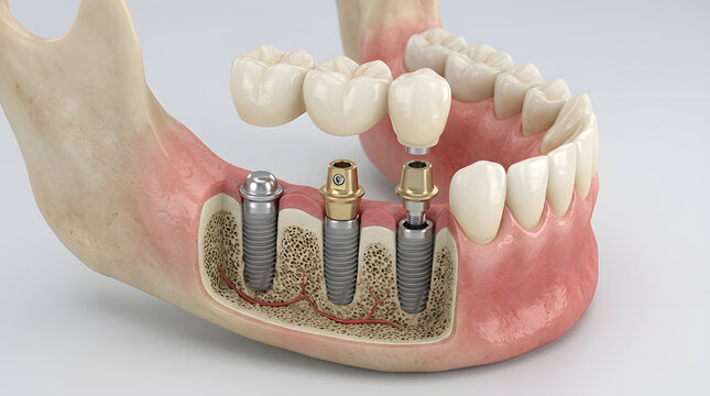 Dental implant procedure illustration showing titanium screws in jawbone
