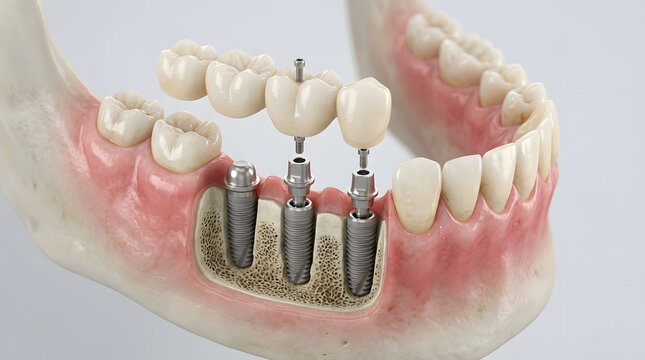 Dental implant model showing titanium screws in lower jawbone for medical illustration