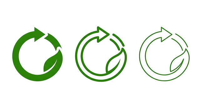 Three green recycling arrows with leaves isolated on transparent background for eco design