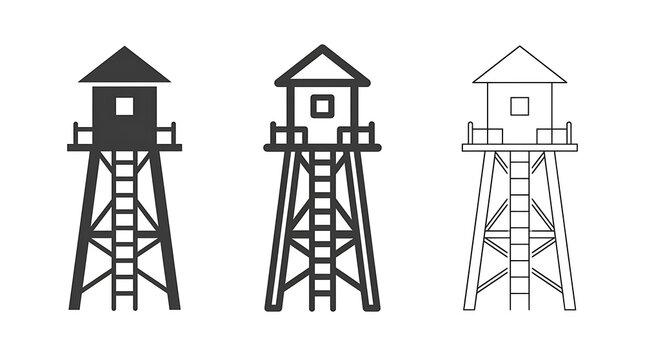 Three watchtower icons isolated on transparent background in different graphic line styles