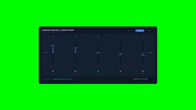 Five-Band Audio Equalizer Preset Calibration with Motorized Faders on Green Screen 4K 60FPS Loop