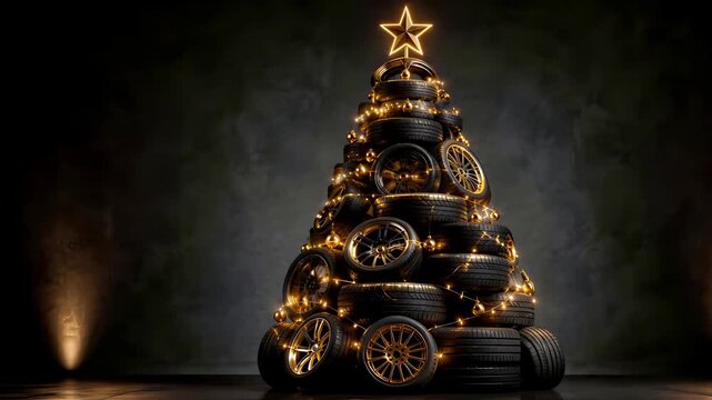 Christmas tree made from stacked black car tires and alloy wheel rims decorated with warm golden string lights and topped with a glowing star against a dark textured gray studio wall