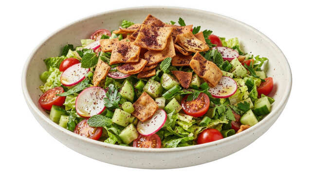 Fresh fattoush salad with crispy pita chips isolated on transparent background