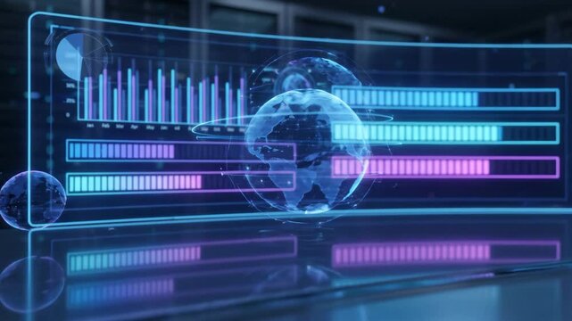 Digital technology interface showing glowing blue charts and global network data analytics floating inside futuristic server room corporation operations center workplace.