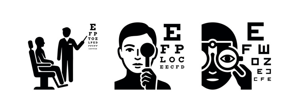 Eye examination and vision test icons. Optometrist checking eyesight using a Snellen chart and occluder.