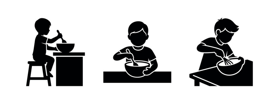 Child mixing ingredients icon set. Young kid stirring in a bowl, learning to cook and bake.