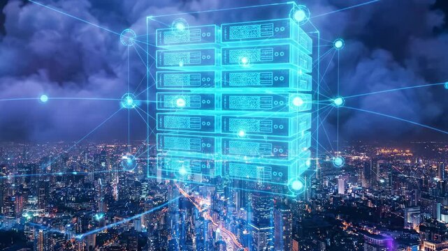 Digital technology network server rack floating above glowing urban cityscape showing cloud data storage computing infrastructure and futuristic global connectivity during night time illumination.