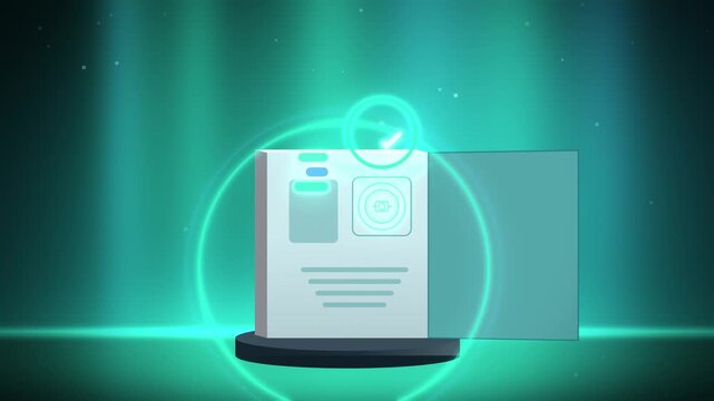 Teal passport opening with hologram check tilted view endless loop