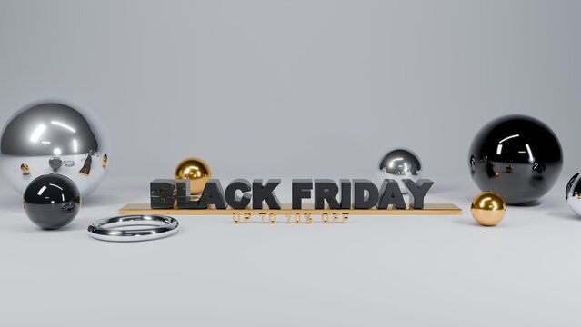Black Friday 3D text on gold base with chrome, black and gold spheres.