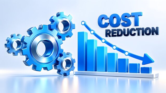 Blue 3D text of cost reduction with gears and downward trending chart. Concept of corporate financial optimization and expense management.