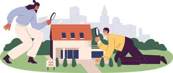 Obraz na płótnie Canvas Real estate agents studying house for sale. Property, building inspection, appraisal and research concept. Experts with magnifying glass and home. Flat vector illustration isolated on white background